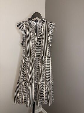 Time and Tru Black and White Striped Ruffle Sleeve Midi Dress